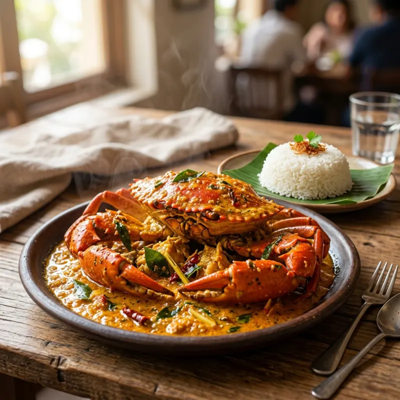 Steamed curacha crab coated in rich Alavar coconut sauce on a dining table