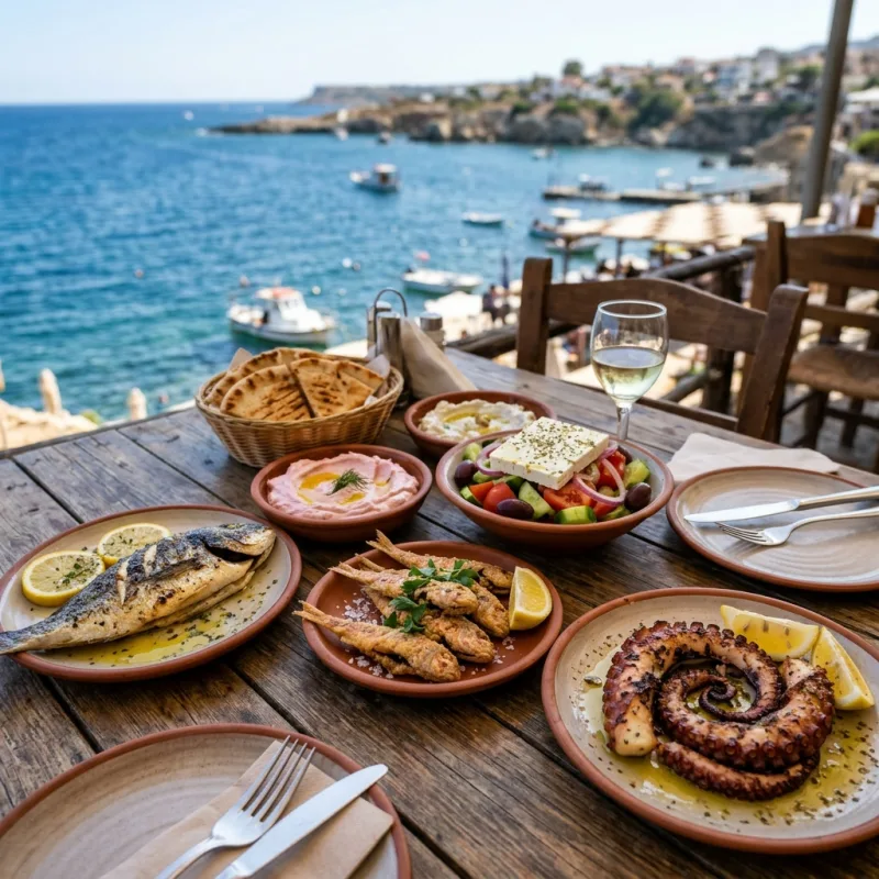 Traditional Cypriot fish meze feast on a rustic table overlooking the Mediterranean Sea