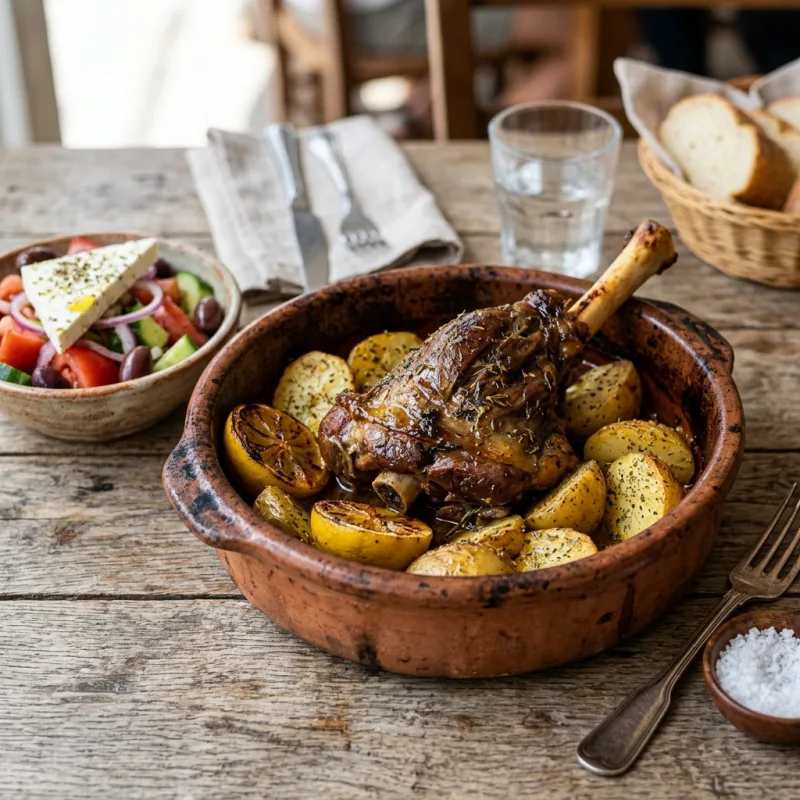 Traditional Cypriot slow-cooked kleftiko lamb in a clay dish with roasted potatoes