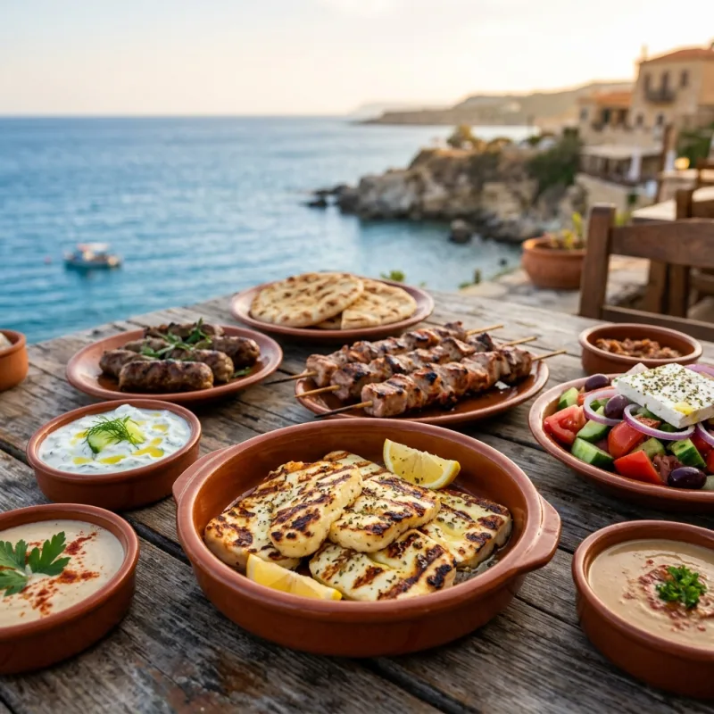 Authentic Cypriot Meze feast served outdoors with grilled halloumi, souvlaki, dips, and salad.