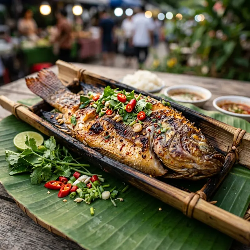 Dai lemongrass grilled fish served on a fresh banana leaf in Southern Yunnan