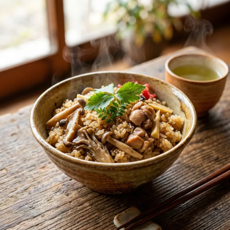 Authentic Daisen Okowa steamed sticky rice dish with mountain vegetables