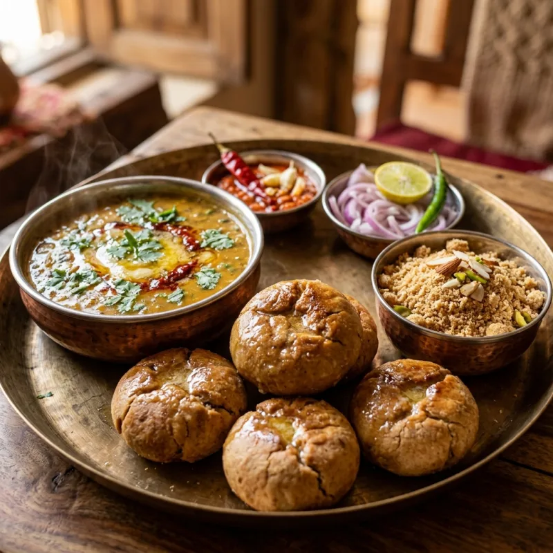 Authentic Rajasthani Dal Baati Churma served on a traditional bronze platter