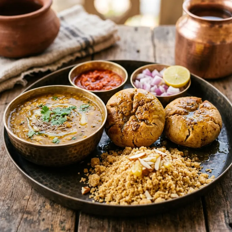 Authentic Rajasthani Dal Baati Churma thali with ghee and lentils