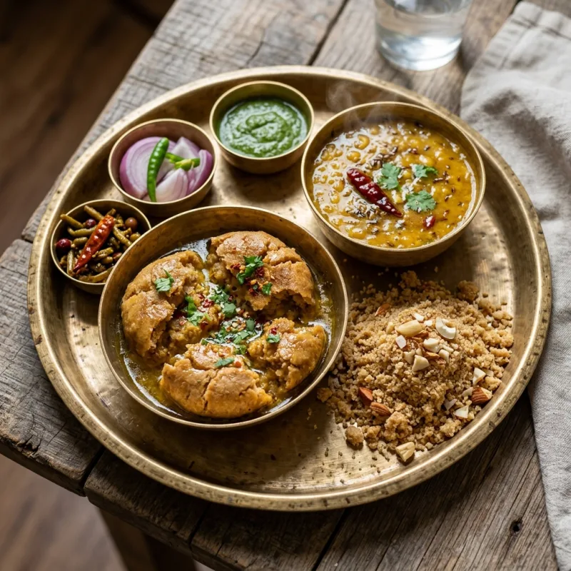 Authentic Rajasthani Dal Baati Churma served in traditional brass bowls