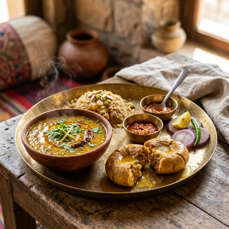 Authentic Rajasthani Dal Baati Churma platter served in traditional brass tableware with ghee and chutneys