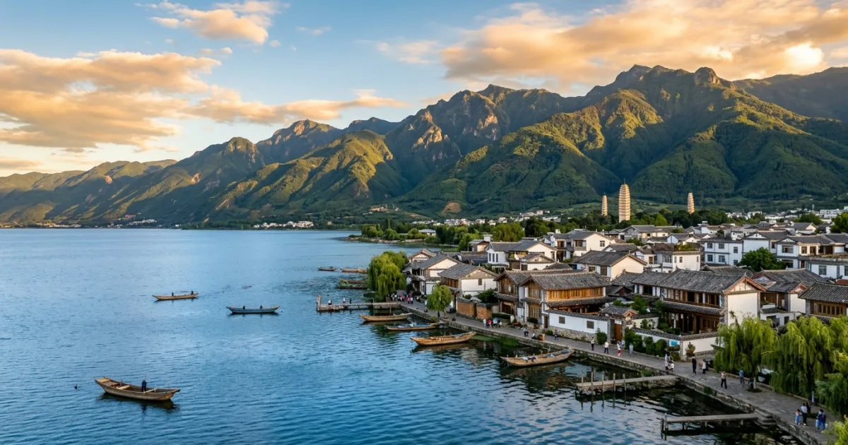 Panoramic view of Erhai Lake and Cangshan Mountains in Dali Yunnan