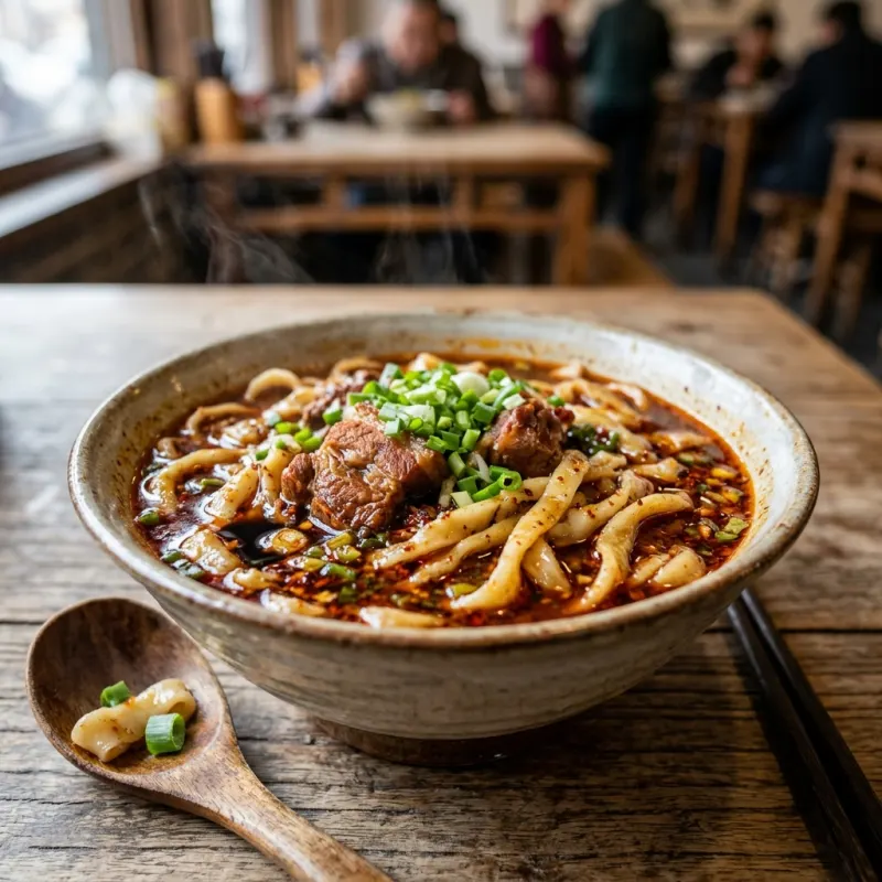 Steaming bowl of authentic Datong knife-cut noodles with savory braised pork and green scallions