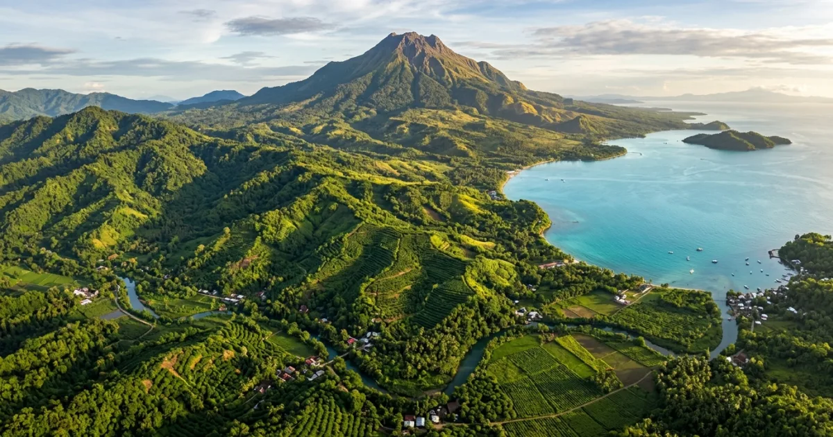 Scenic landscape of Davao Region showing Mount Apo and tropical coastline