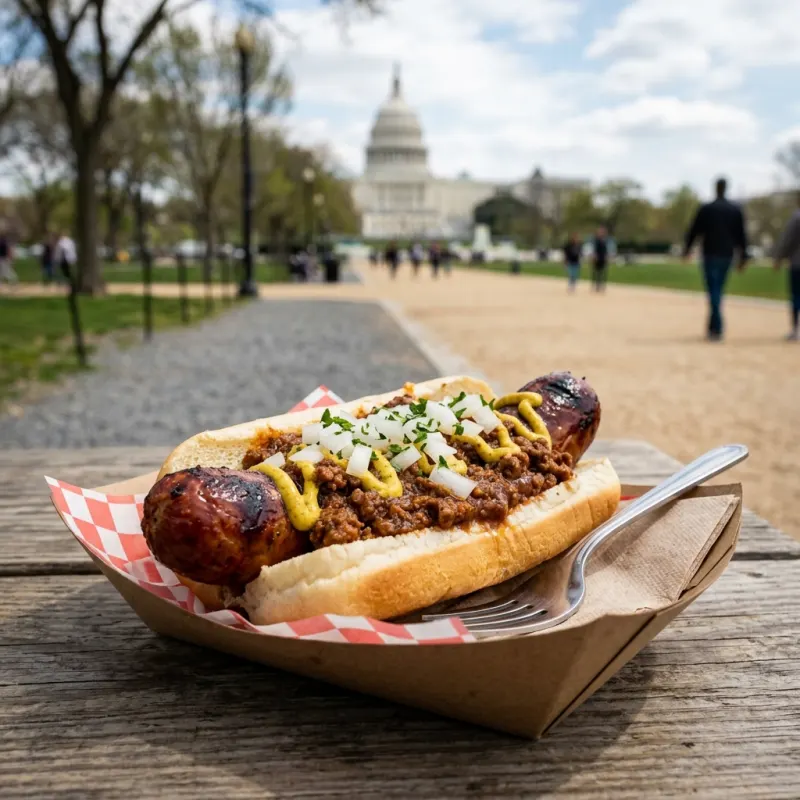 Close-up of a classic DC half-smoke sausage with chili, mustard, and diced onions