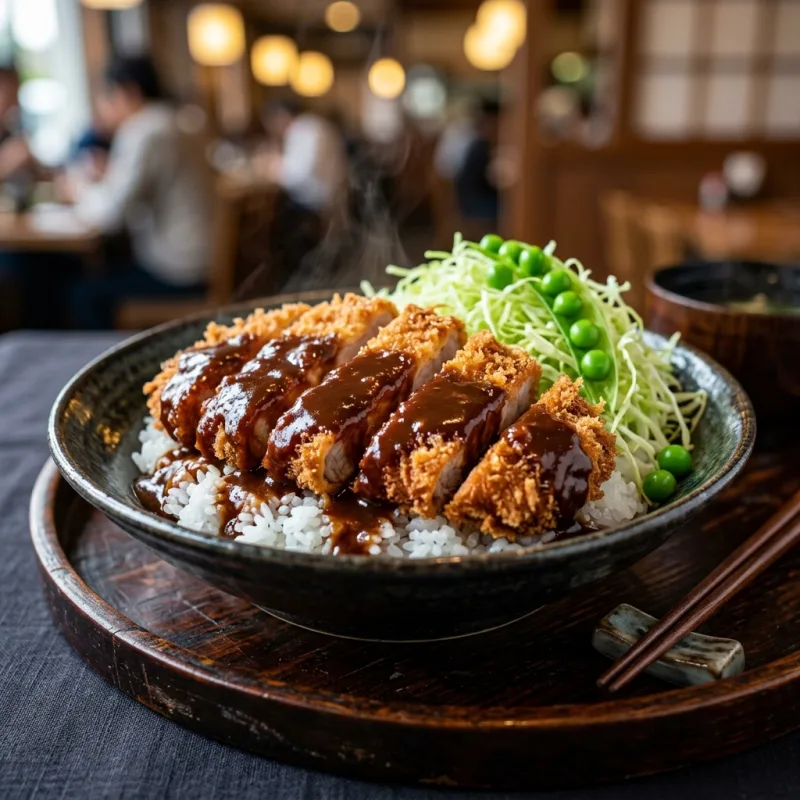 Bowl of Japanese Okayama Demi-Katsudon pork cutlet in rich demi-glace sauce