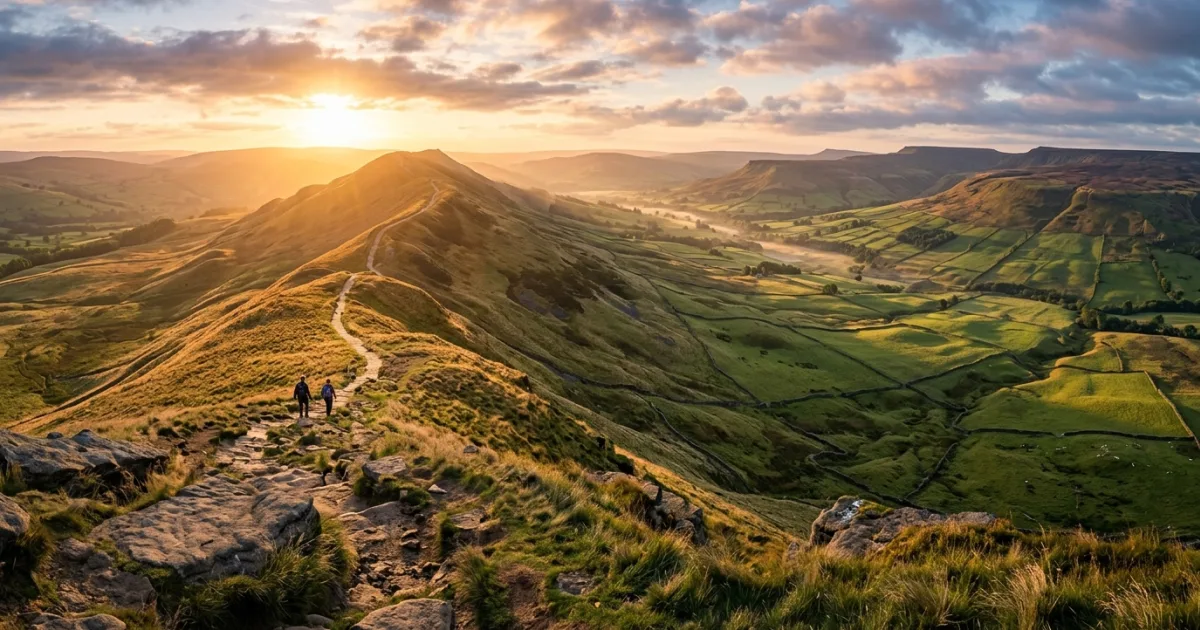 Panoramic view of Mam Tor ridge and green countryside in the Derbyshire Peak District at sunrise