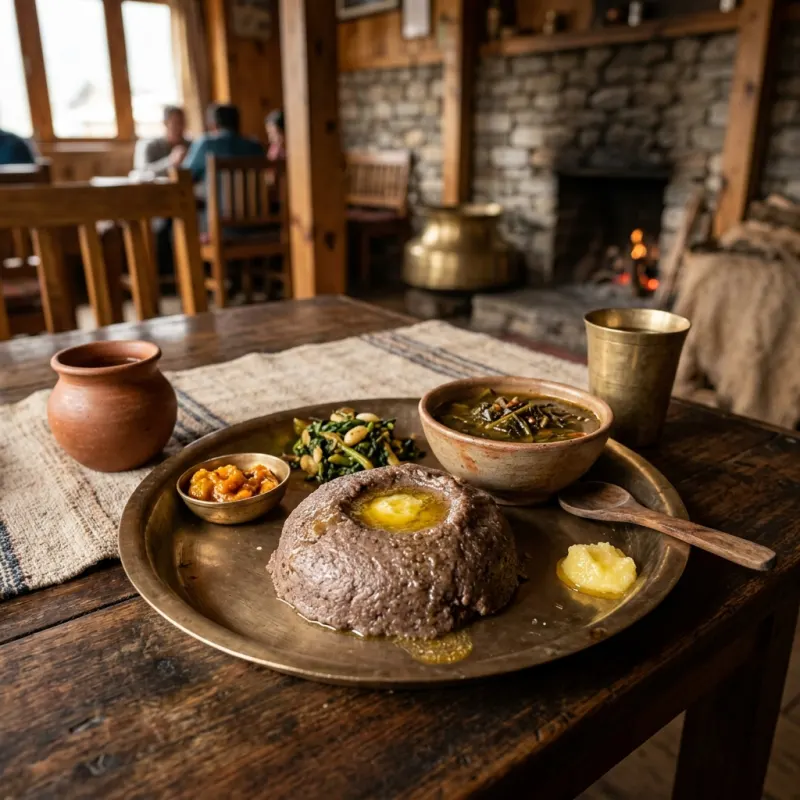 Traditional Nepalese Dhindo porridge with Gundruk soup and yak ghee served on a brass plate