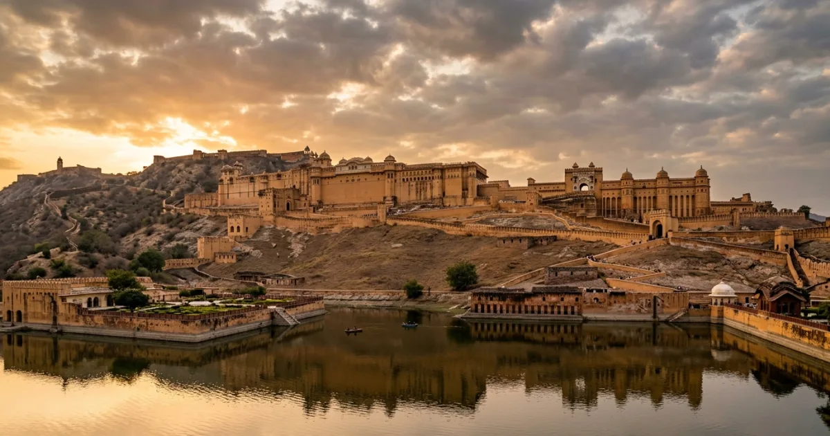 Panoramic view of Amber Fort and the Aravalli hills in the historic Dhundhar Region of Rajasthan