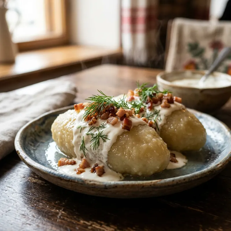Lithuanian cepelinai potato dumplings topped with sour cream and bacon bits