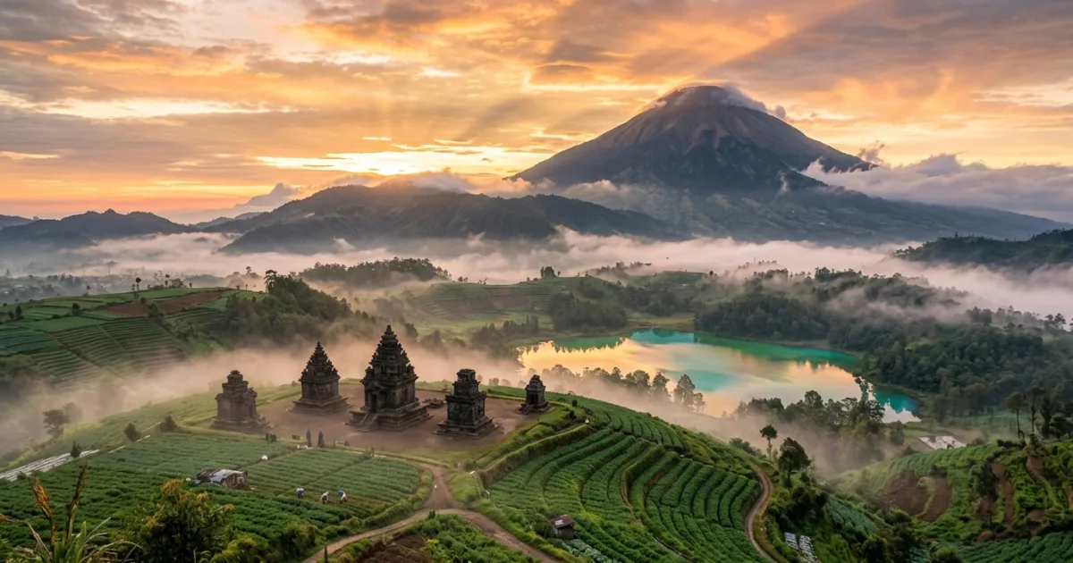 Panoramic view of Dieng Plateau temples, mist, and Mount Sindoro at golden sunrise