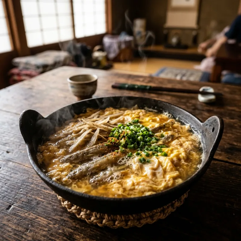 Japanese Dojo Nabe loach hot pot in a cast iron pot with burdock and scallions
