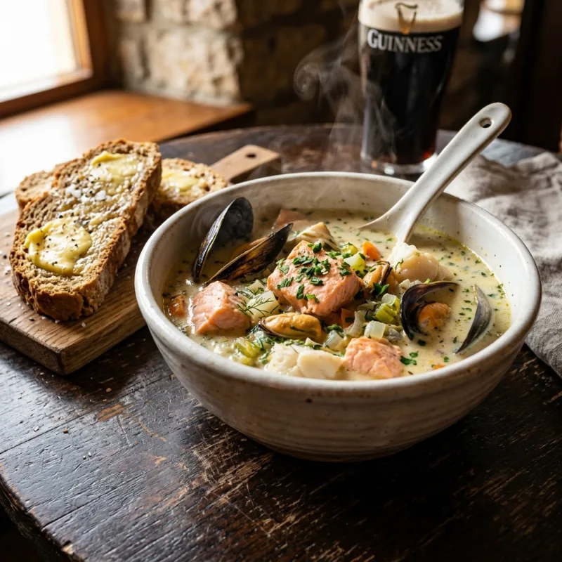 A bowl of authentic creamy Donegal seafood chowder served with fresh Irish soda bread