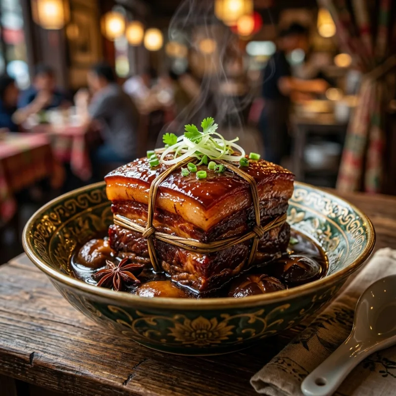 Authentic braised Dongpo Pork belly in a traditional Chinese ceramic bowl