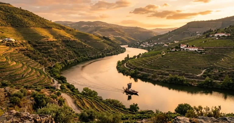 Douro Valley 6 Panoramic view of terraced vineyards and the Douro River in Portugal at sunset