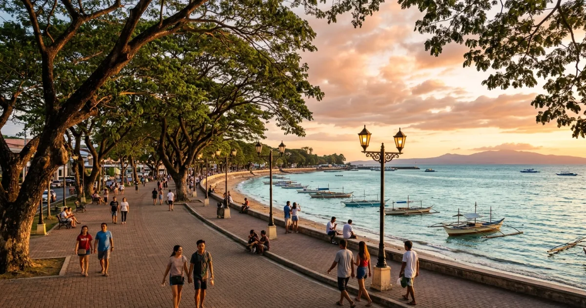 Rizal Boulevard waterfront promenade lined with acacia trees in Dumaguete