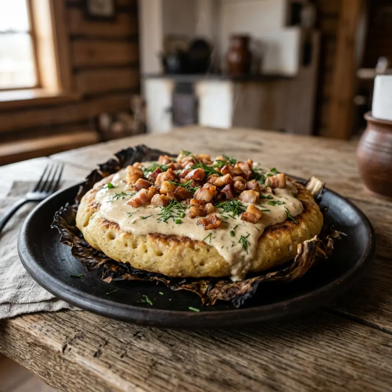 Authentic Dzūkiška Banda potato cake baked on cabbage leaves with pork cracklings and sour cream sauce