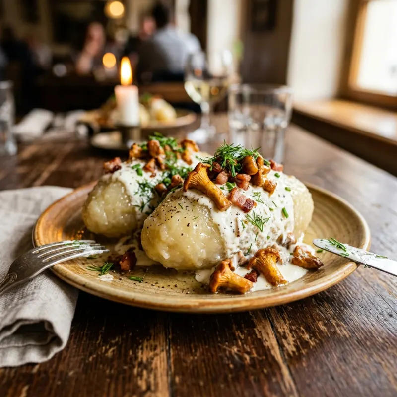 Lithuanian cepelinai potato dumplings topped with sautéed wild chanterelles and herb sour cream sauce