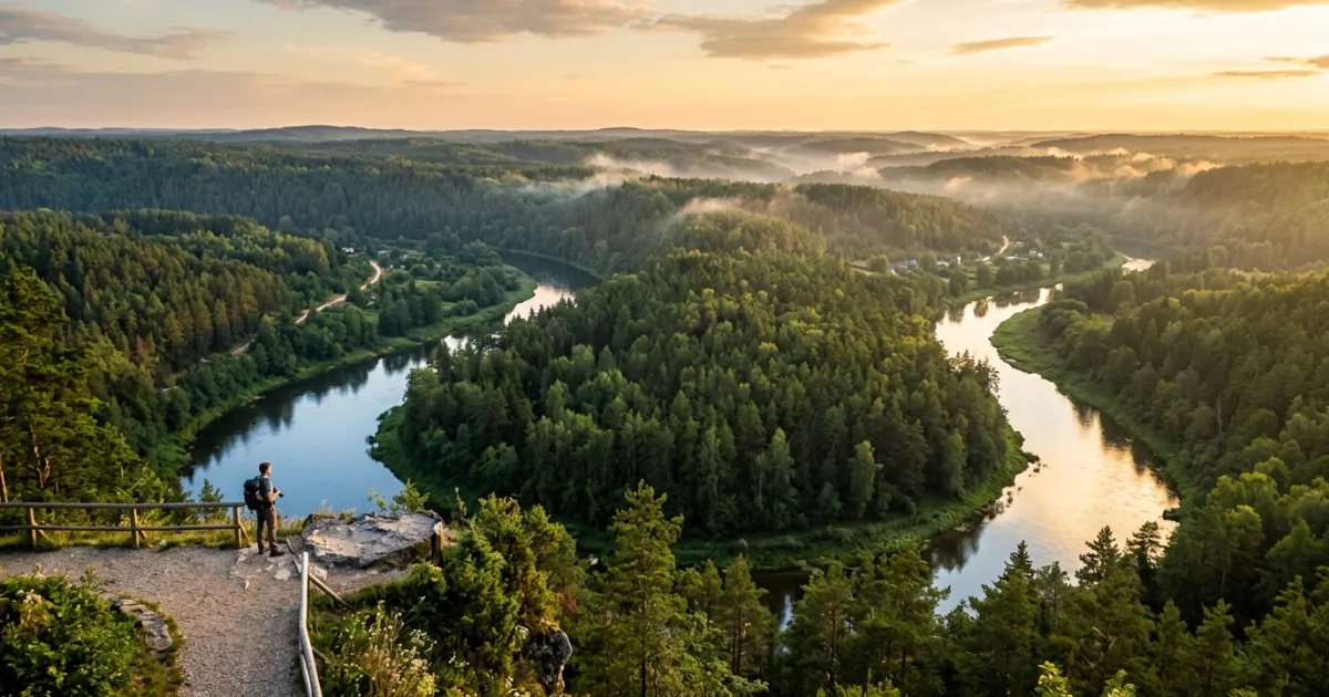 Panoramic aerial view over the pine forests and river confluence of Dzukija in Southern Lithuania