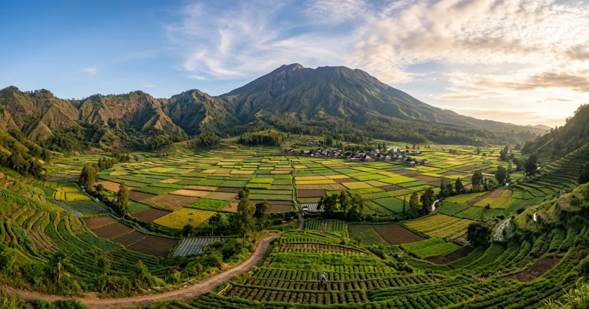 Panoramic landscape of the lush Sembalun Valley and Mount Rinjani in East Lombok