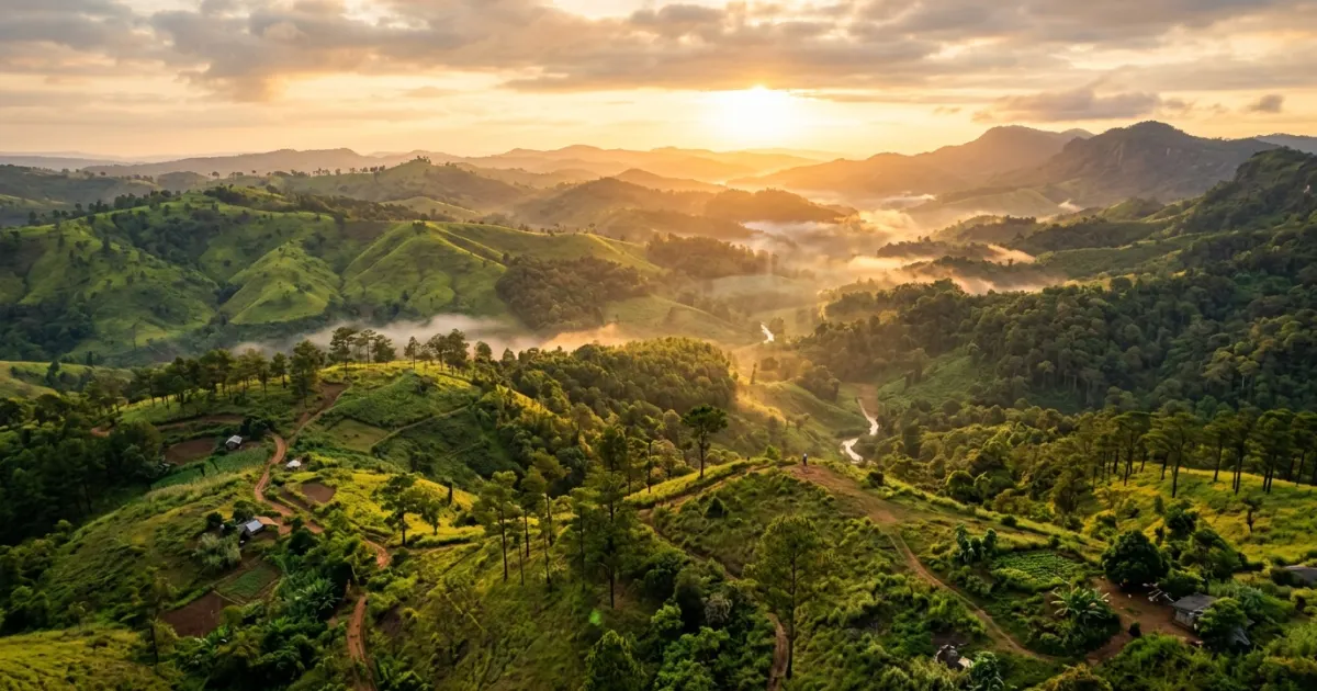 Panoramic view over the rolling green hills and forested valleys of Eastern Cambodia