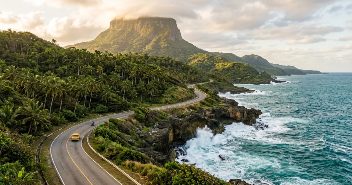 Panoramic landscape of the lush mountains and rugged Caribbean coast in Eastern Cuba near Baracoa