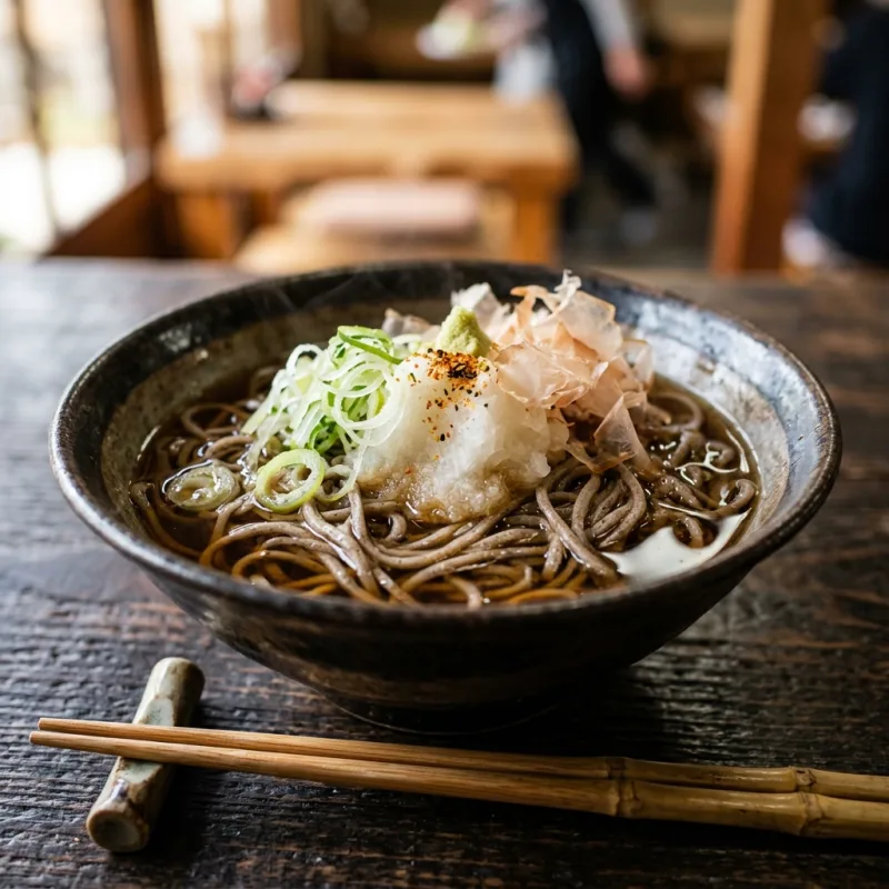 Authentic bowl of Echizen Oroshi Soba cold buckwheat noodles with grated daikon and bonito flakes