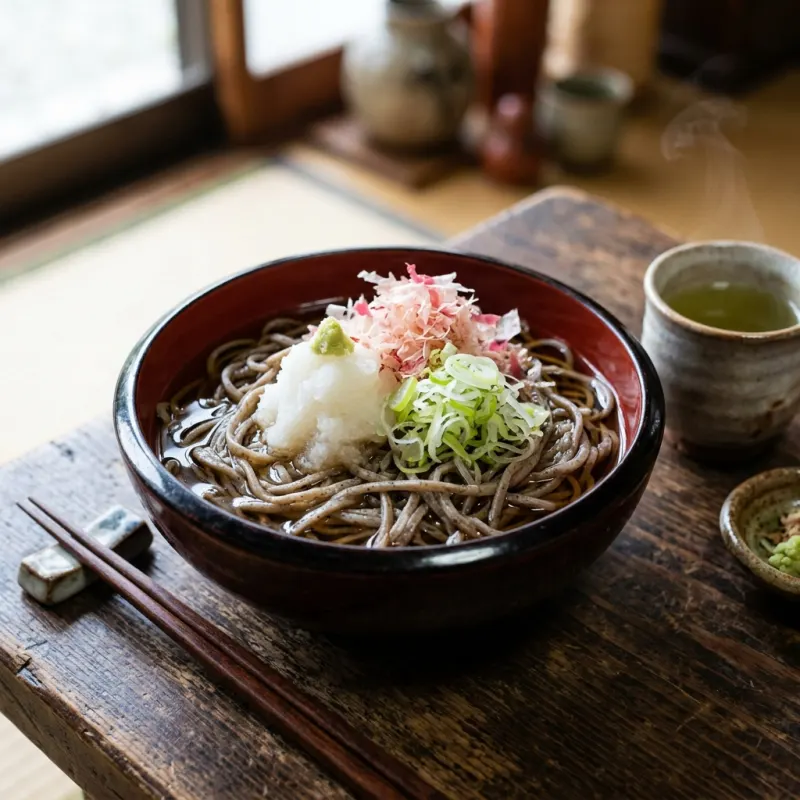 Authentic bowl of Echizen Oroshi Soba topped with grated radish and bonito flakes