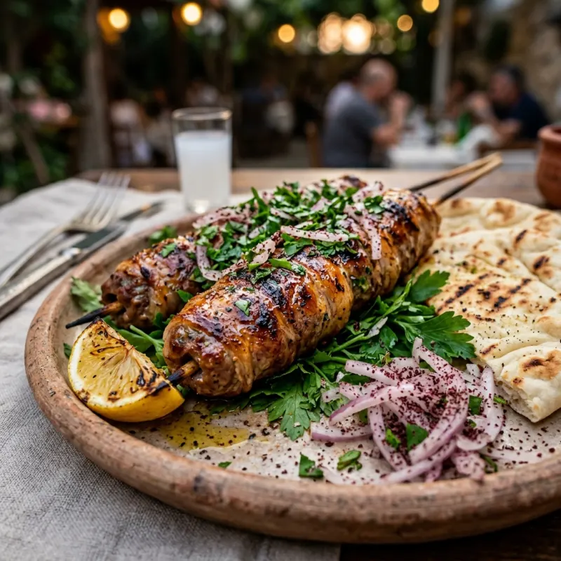 Authentic grilled Cypriot Şeftali Kebab served with flatbread, lemon, and fresh salad