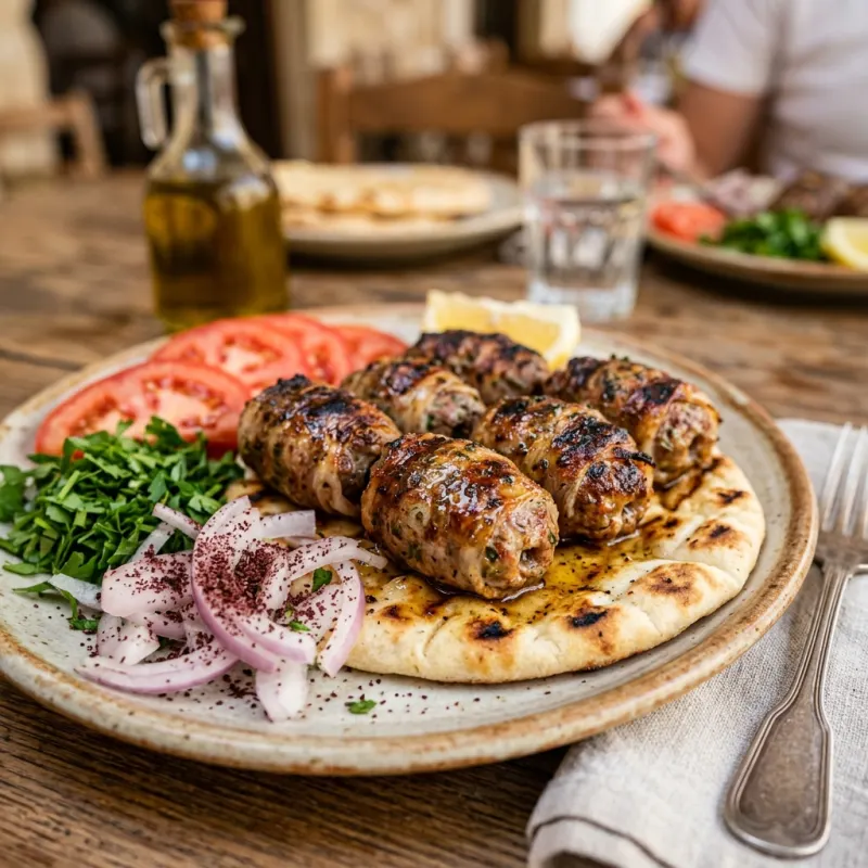 Authentic grilled Cypriot Şeftali Kebab served with fresh flatbread and herbs