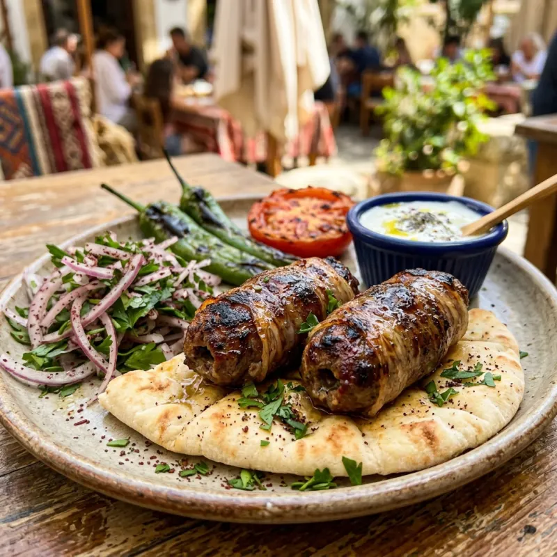 Authentic grilled Şeftali Kebab with charred vegetables and flatbread
