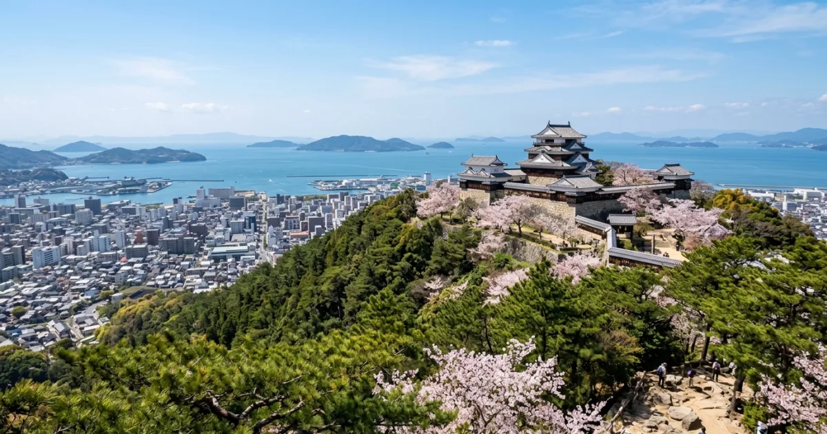 Panoramic view of Matsuyama Castle atop a forested hill in Ehime Prefecture overlooking the city and sea