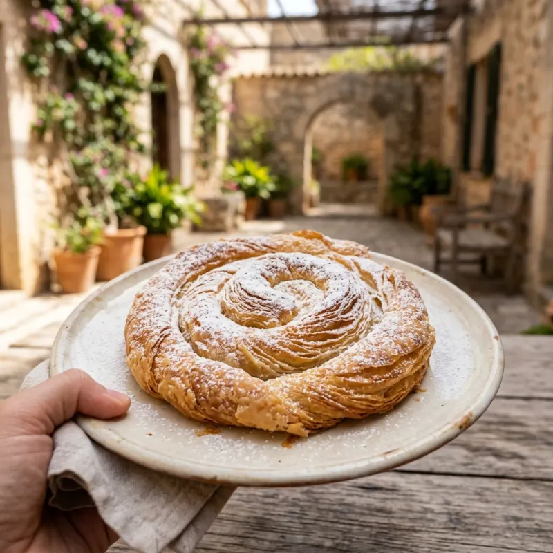 Golden spiral Ensaimada de Mallorca pastry dusted with powdered sugar on a rustic plate