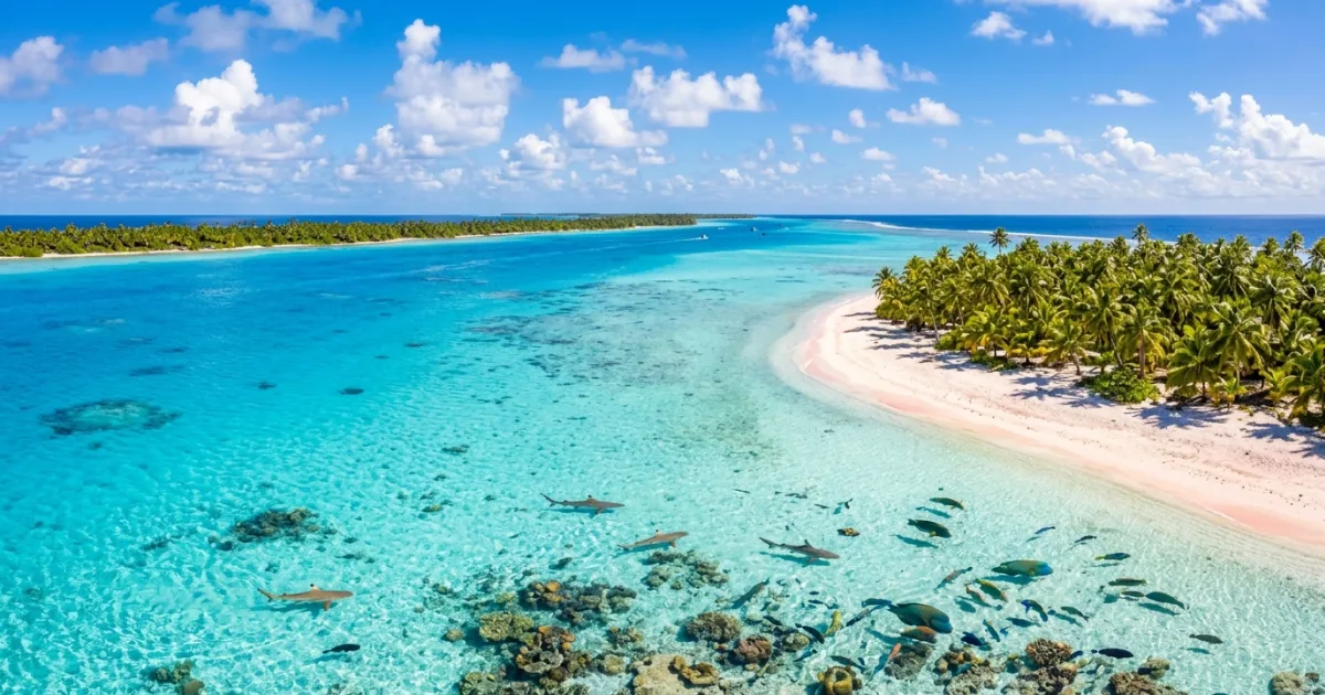 Wide panoramic view of Fakarava turquoise lagoon and palm-fringed coral motu