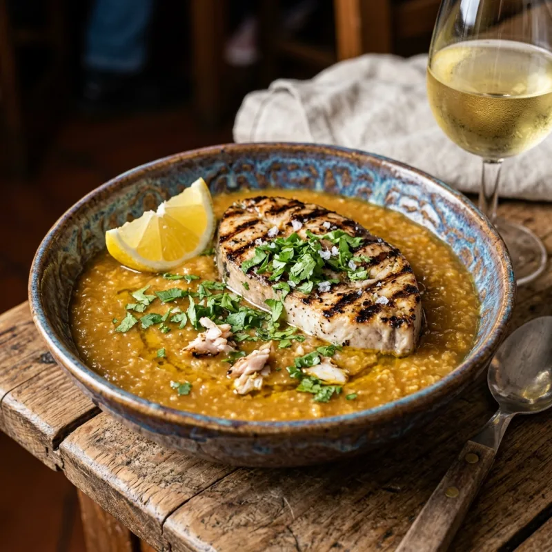 Authentic Farinha de Pau with grilled swordfish in Sesimbra Portugal
