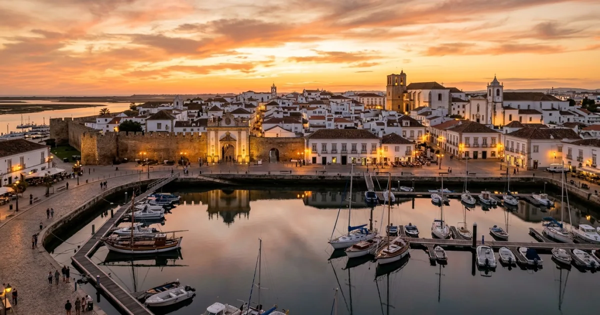 Panoramic golden hour view of Faro old town and marina in Portugal