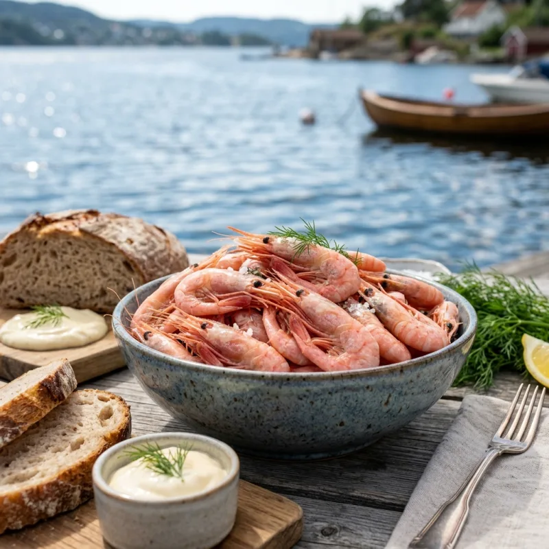 Fresh Norwegian fjord shrimp served with bread, lemon, and dill on a wooden seaside table