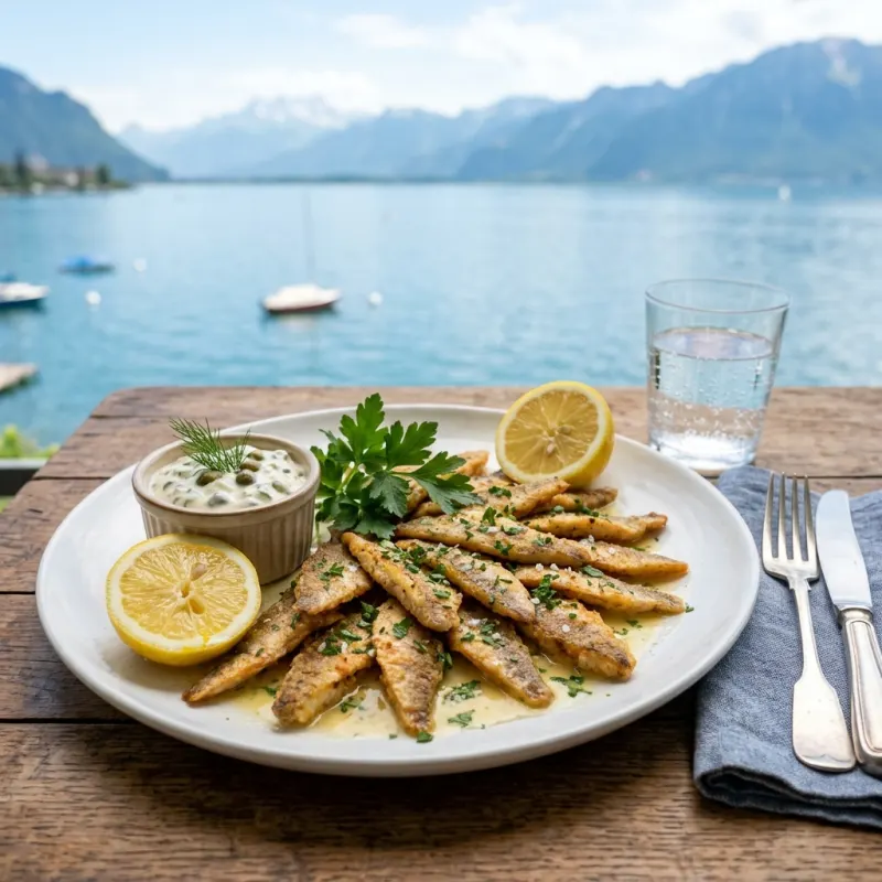 Golden pan-fried perch fillets with lemon and parsley served beside Lake Geneva