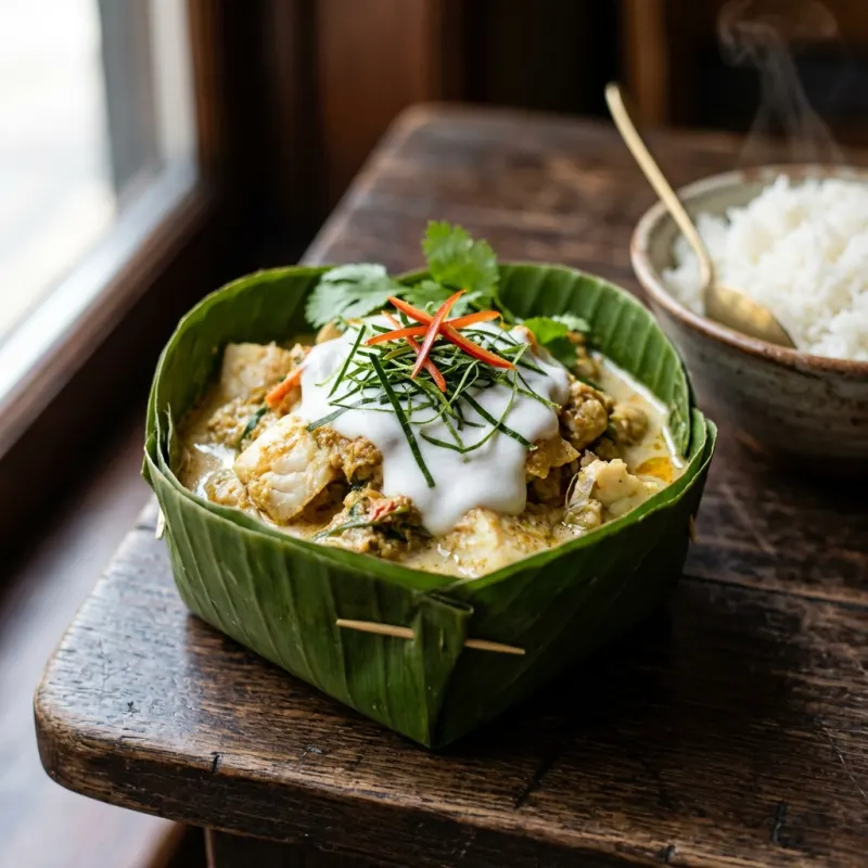 Authentic Cambodian Fish Amok steamed in a banana leaf basket with coconut cream