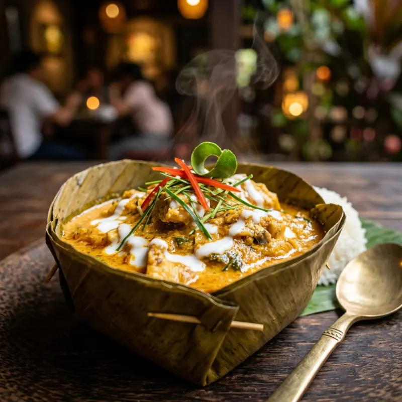 Cambodian Fish Amok steamed in a banana leaf bowl