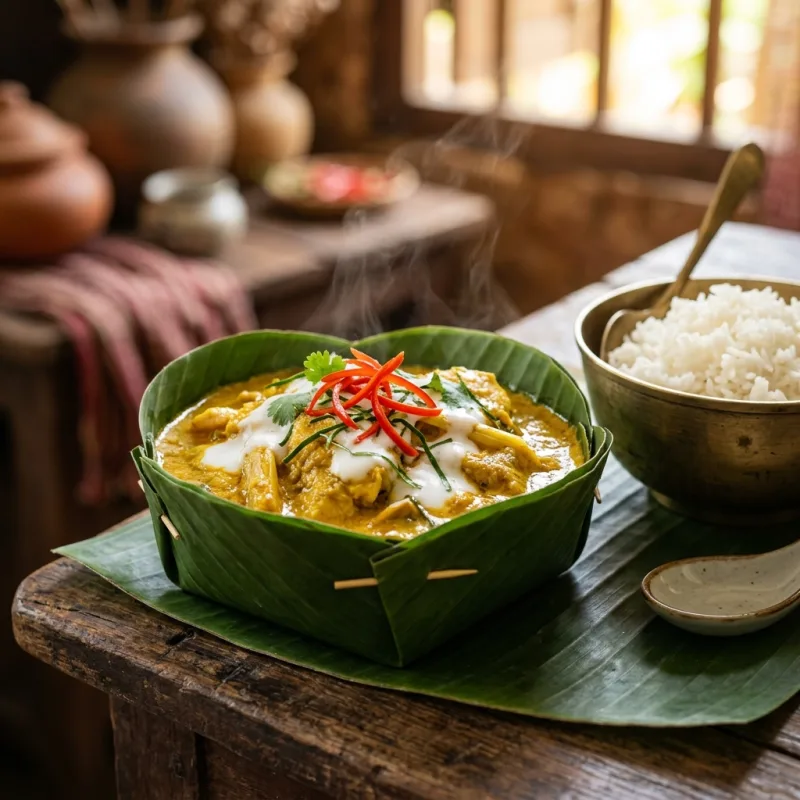 Cambodian Fish Amok served in a banana leaf bowl with jasmine rice