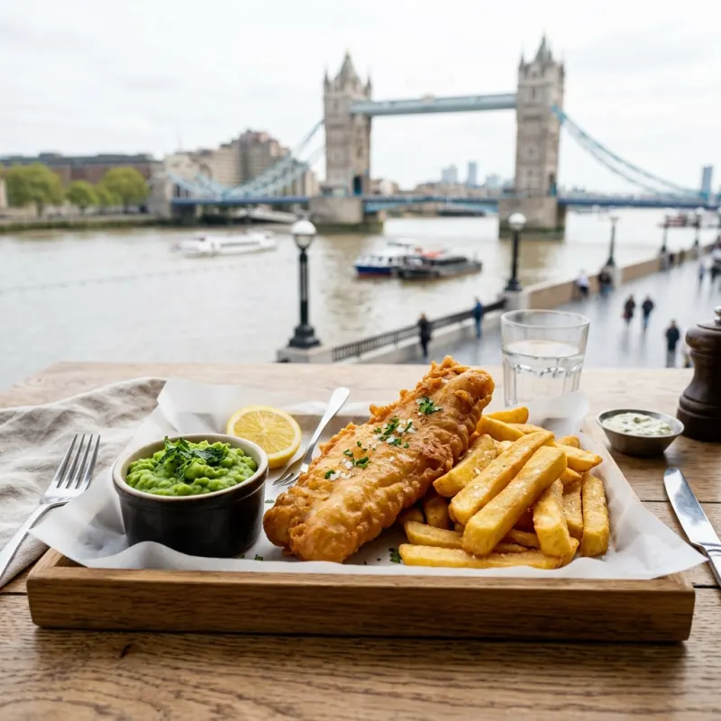 Golden beer battered fish and chips served at a Thames riverside pub