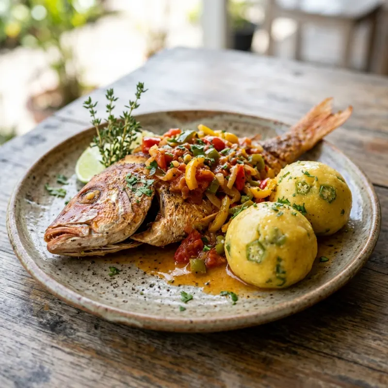 Authentic Caribbean Fish and Fungi served with red snapper, savory Creole sauce, and cornmeal dumplings
