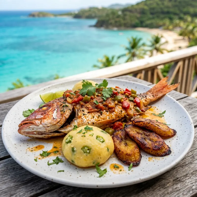 Authentic Virgin Islands Fish and Fungi with creole sauce and plantains