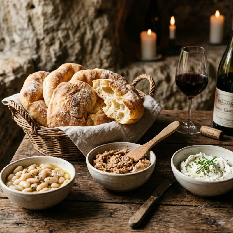 Freshly baked French fouées flatbreads served with pork rillettes and beans